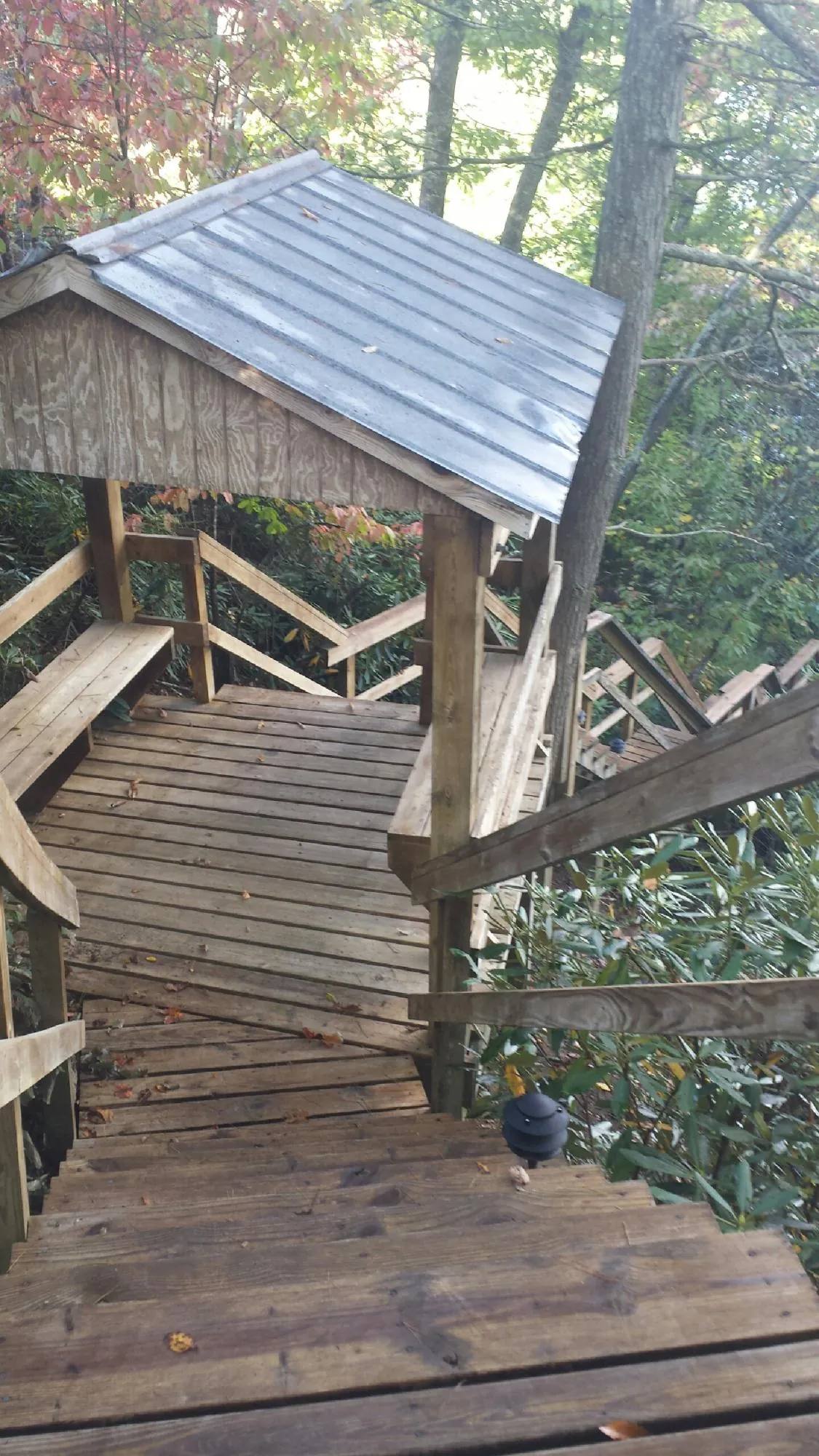 Metal roofed shelter over wooden steps on a wooded walkway — Skylight Repair & Installation work by our crew in Fort Loramie